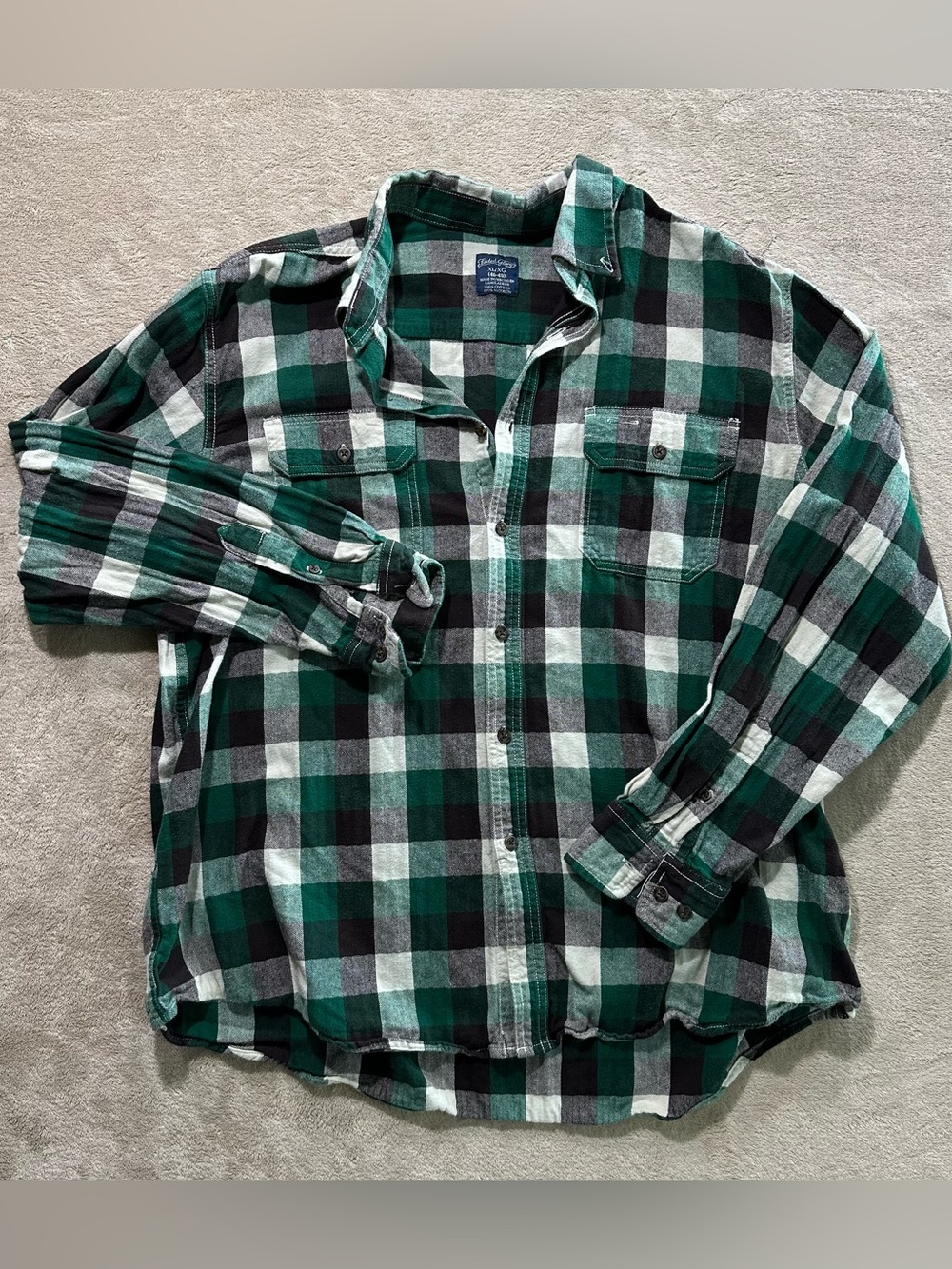 Faded Glory Men’s XL Green Black Plaid Flannel Button Up Shirt 100% Cotton